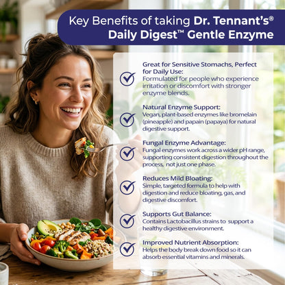 Dr. Tennant's Digestive Enzymes with Bromelain, Papain and Lipase - Bloating Relief and Gas Support for Sensitive Stomachs, Vegan, 27-Enzyme Blend, - dailyvitalstore