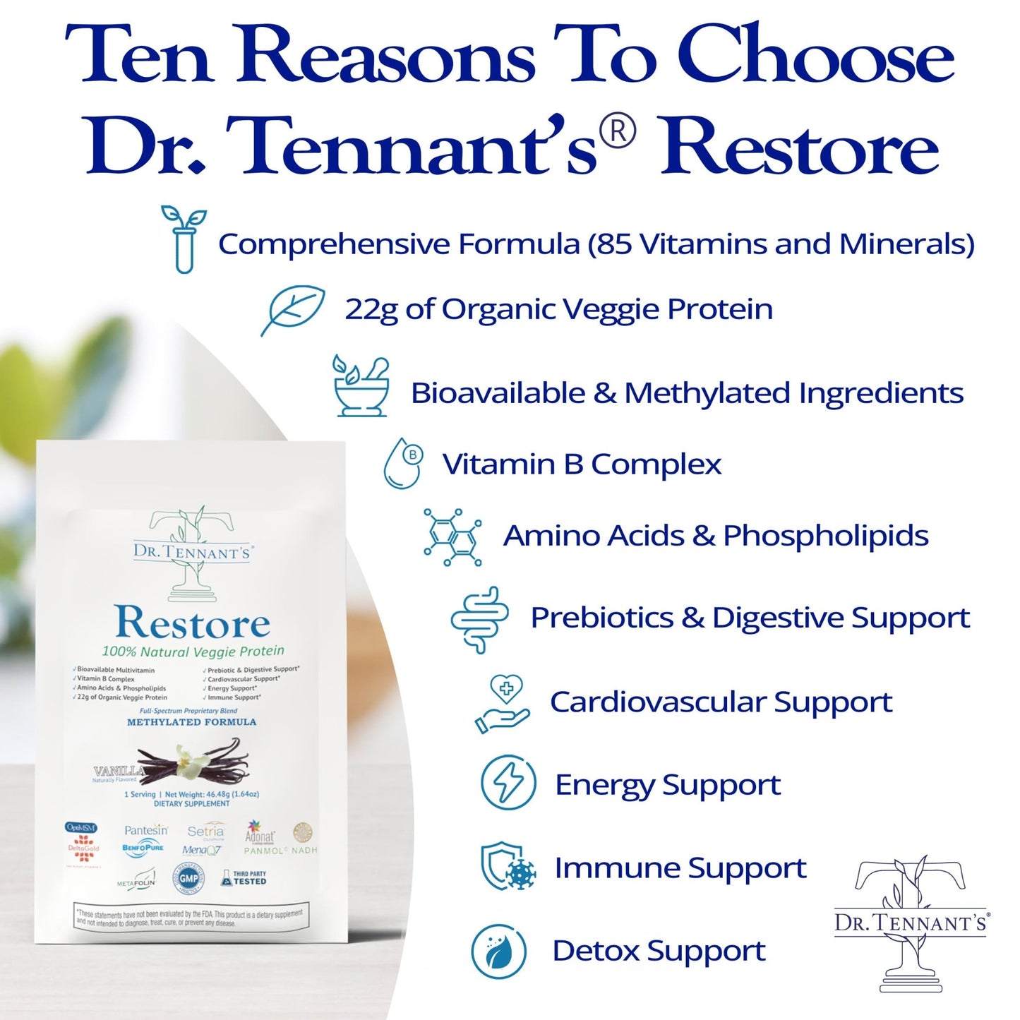 Dr. Tennant's Restore Vanilla Shake | 50+ Methylated Vitamins & Minerals | 23g Vegan Protein | Organic, Gluten-Free | Boosts Energy, Immune & Gut Health | 14-Day All-in-One Supplement - dailyvitalstore