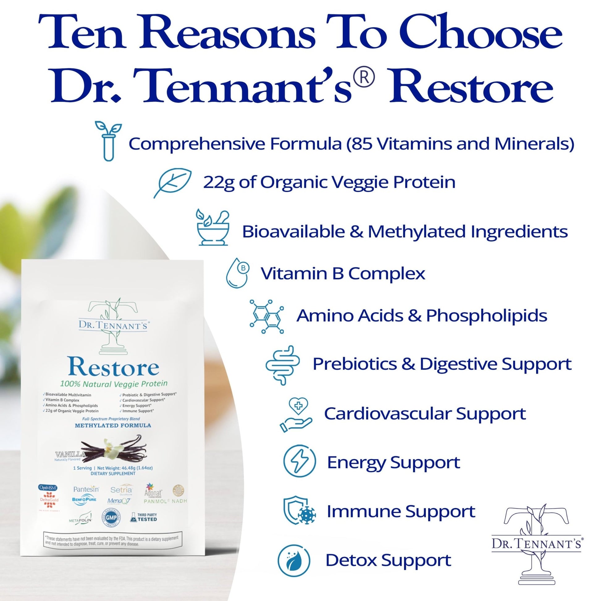 Dr. Tennant's Restore Vanilla Shake | 50+ Methylated Vitamins & Minerals | 23g Vegan Protein | Organic, Gluten-Free | Boosts Energy, Immune & Gut Health | 14-Day All-in-One Supplement - dailyvitalstore