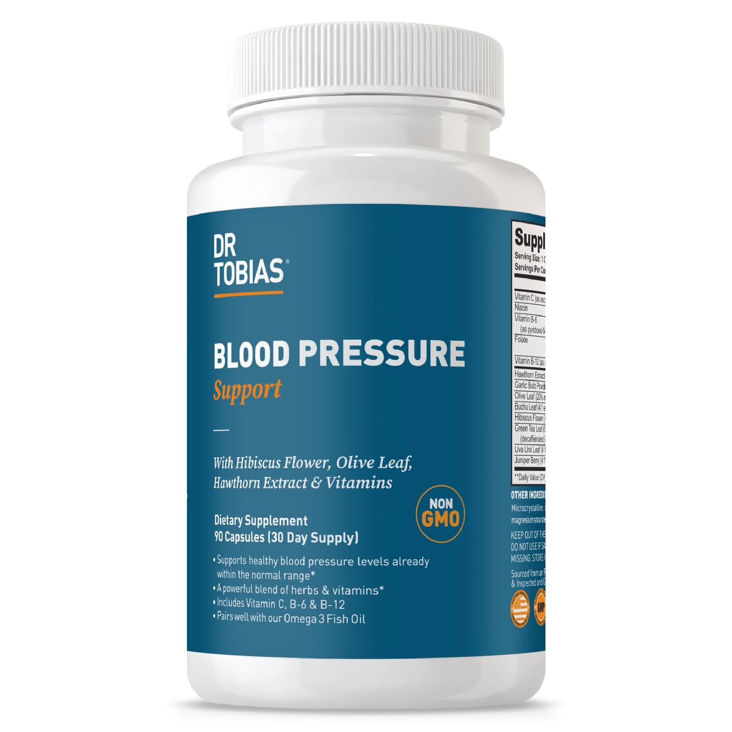 Dr. Tobias Blood Pressure Support Supplement with Hawthorn, Hibiscus Flower, Olive Leaf & Garlic, Supports Normal Circulatory Health with Vitamins C, B6, B12, Niacin, Folate & Herbs, 90 Capsules - dailyvitalstore