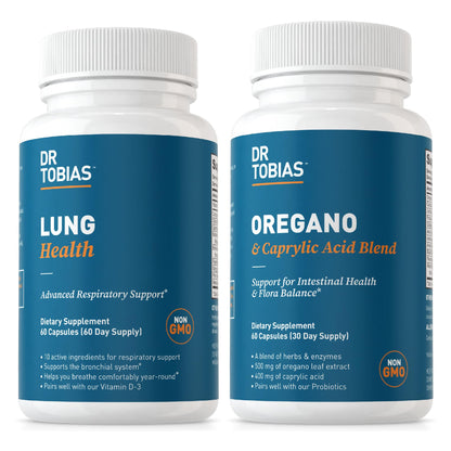Dr. Tobias Lung Health and Oregano & Caprylic Acid Blend, Supports Lung Cleanse & Detox, Intestinal Health, Immune Support with Prebiotics & Herbs for Women & Men - dailyvitalstore