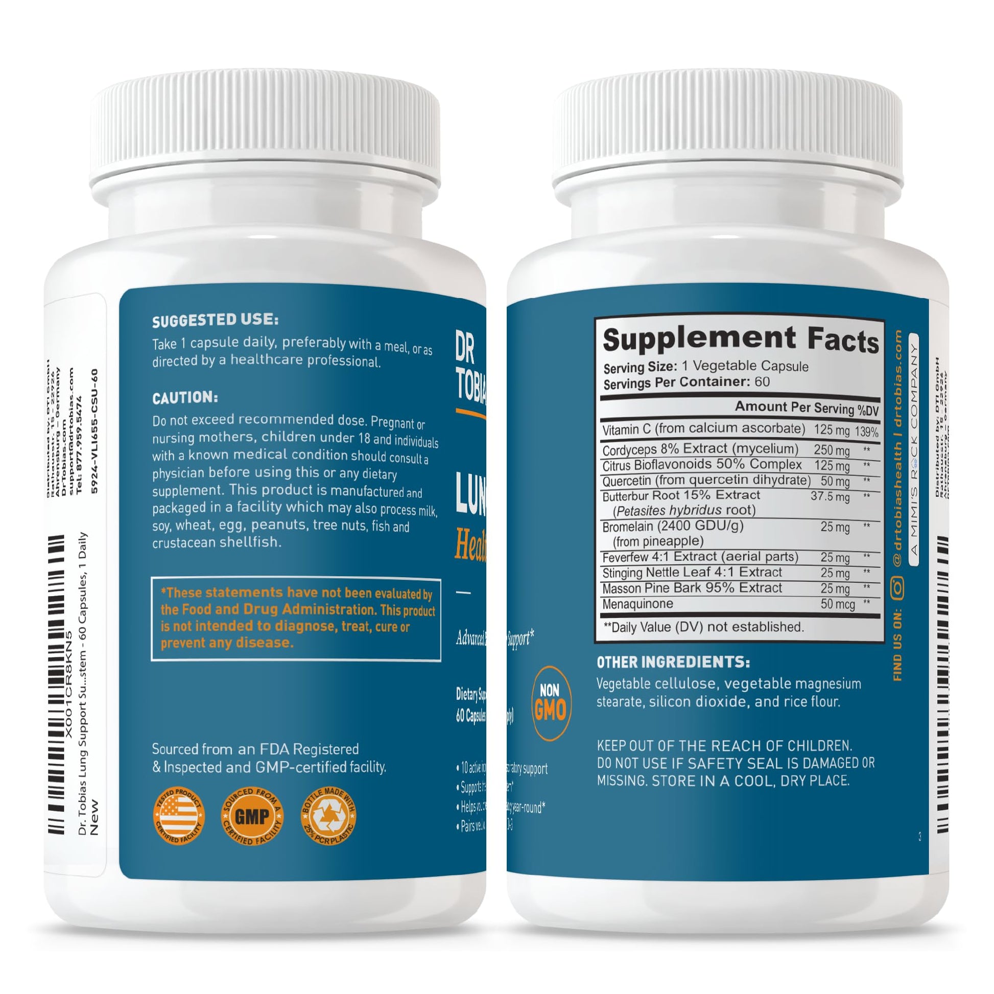 Dr. Tobias Lung Health - Lung Support Supplement with Vitamin C, Butterbur, Quercetin & Bromelain | Lung Cleanse & Detox Formula for Bronchial & Respiratory System Non-GMO (60 Capsules, 60 Servings) - dailyvitalstore