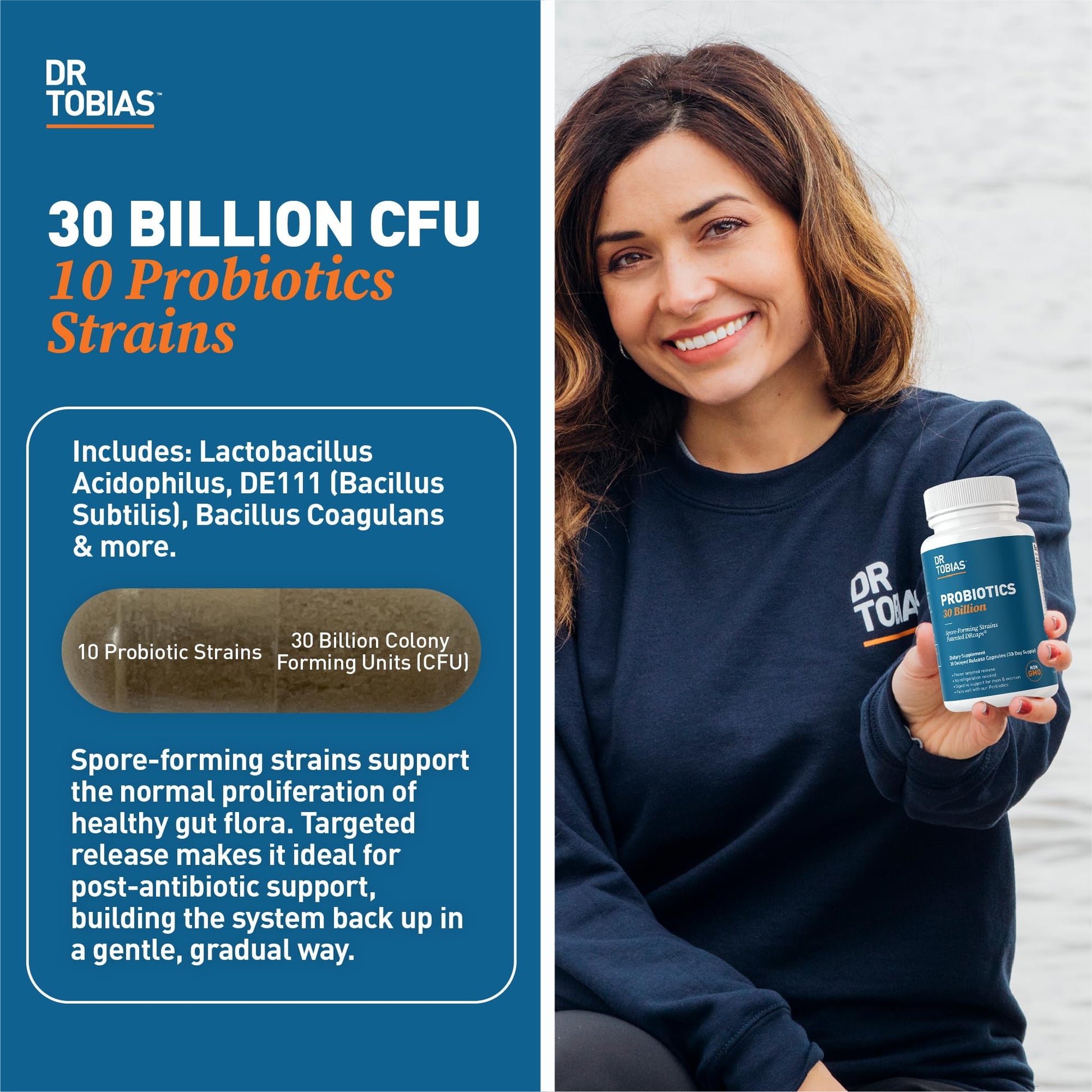 Dr. Tobias Probiotics 30 Billion, 10 Strains, 30 Billion CFU's, Targeted Release Probiotics for Women & Men, Supports Digestive Health, Shelf-Stable, - dailyvitalstore