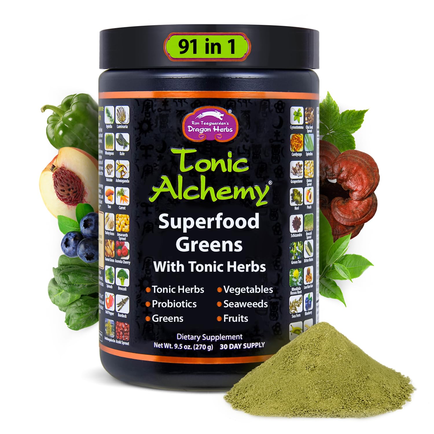 Dragon Herbs Tonic Alchemy Superfood Greens Powder with 91 Ingredients: Tonic Herbs, Ashwagandha, Mushrooms, Probiotics, Super Greens, Seaweeds, Fruits, Vegetables, Spirulina - 30 Servings - dailyvitalstore