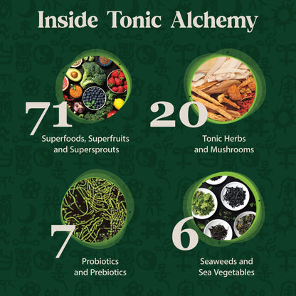 Dragon Herbs Tonic Alchemy Superfood Greens Powder with 91 Ingredients: Tonic Herbs, Ashwagandha, Mushrooms, Probiotics, Super Greens, Seaweeds, Fruits, Vegetables, Spirulina - 30 Servings - dailyvitalstore
