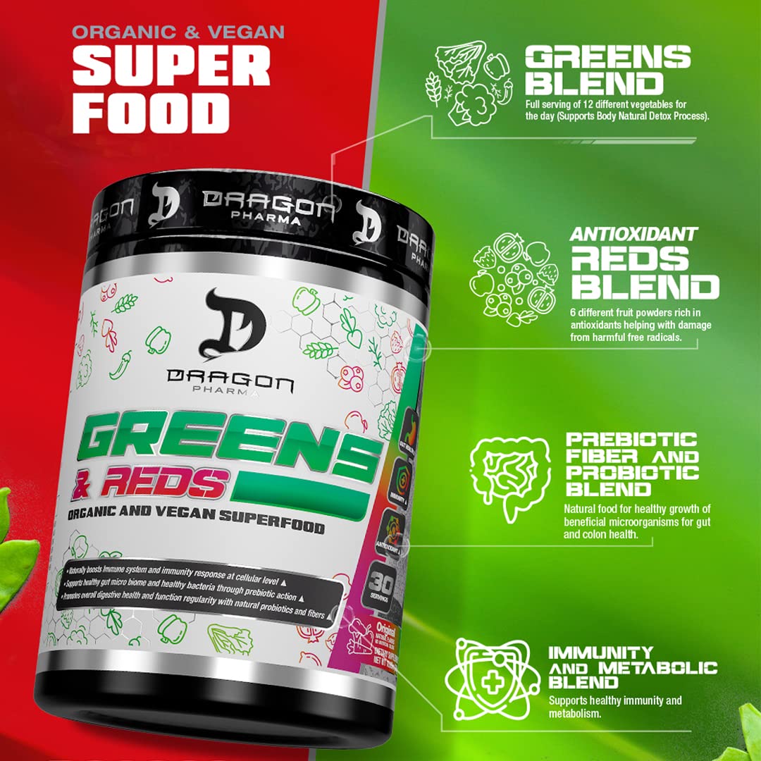 DRAGON PHARMA Greens and Reds, Over 23 Nutritious Superfoods, Reds and Vegetables, Optimal Health and Wellness (30 Servings, Original) - dailyvitalstore