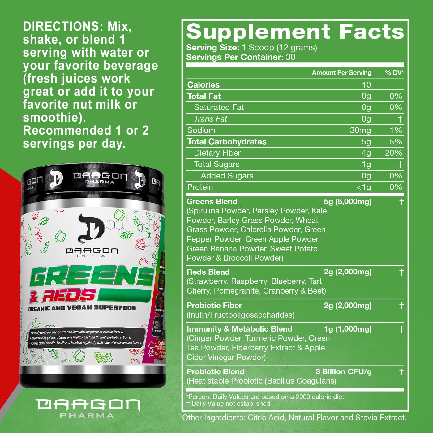 DRAGON PHARMA Greens and Reds, Over 23 Nutritious Superfoods, Reds and Vegetables, Optimal Health and Wellness (30 Servings, Original) - dailyvitalstore