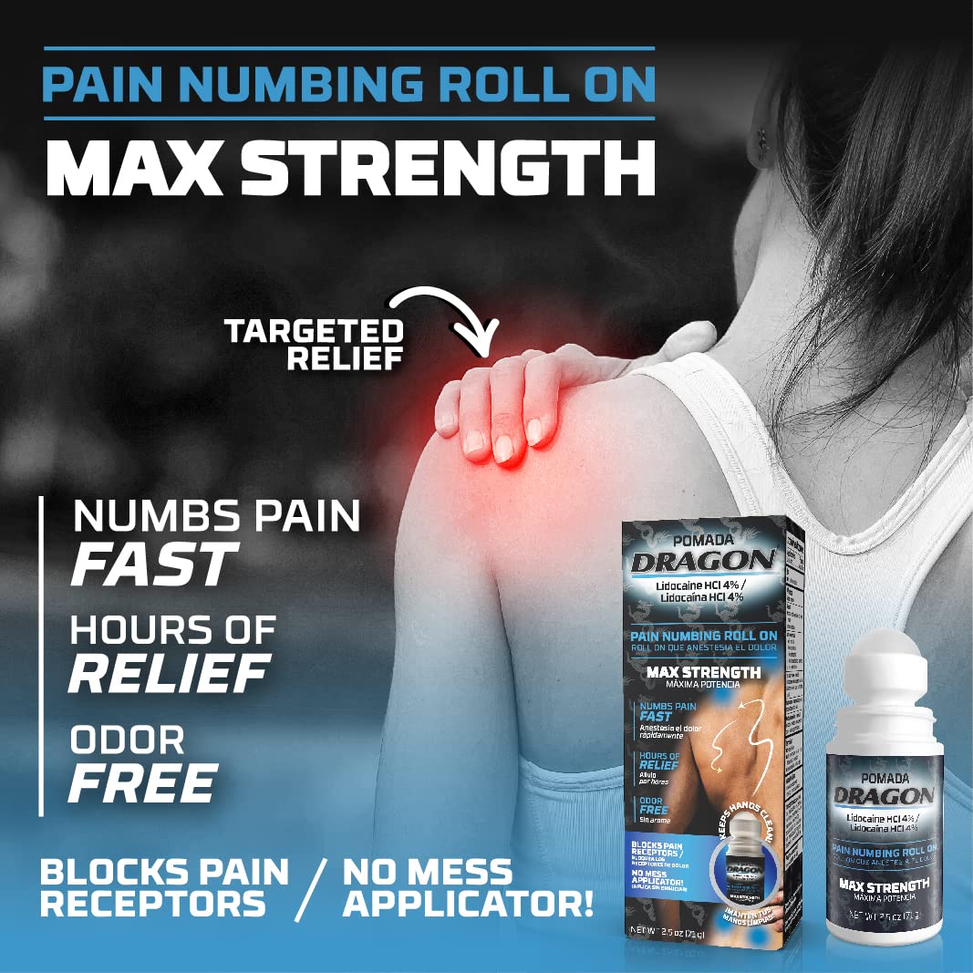 Dragon - POMADA, Maximum Strength- Pain Numbing & Long Lasting Pain Relief No Mess Applicator with Lidocaine Roll On, 2.5 oz, Pack of 3 - dailyvitalstore