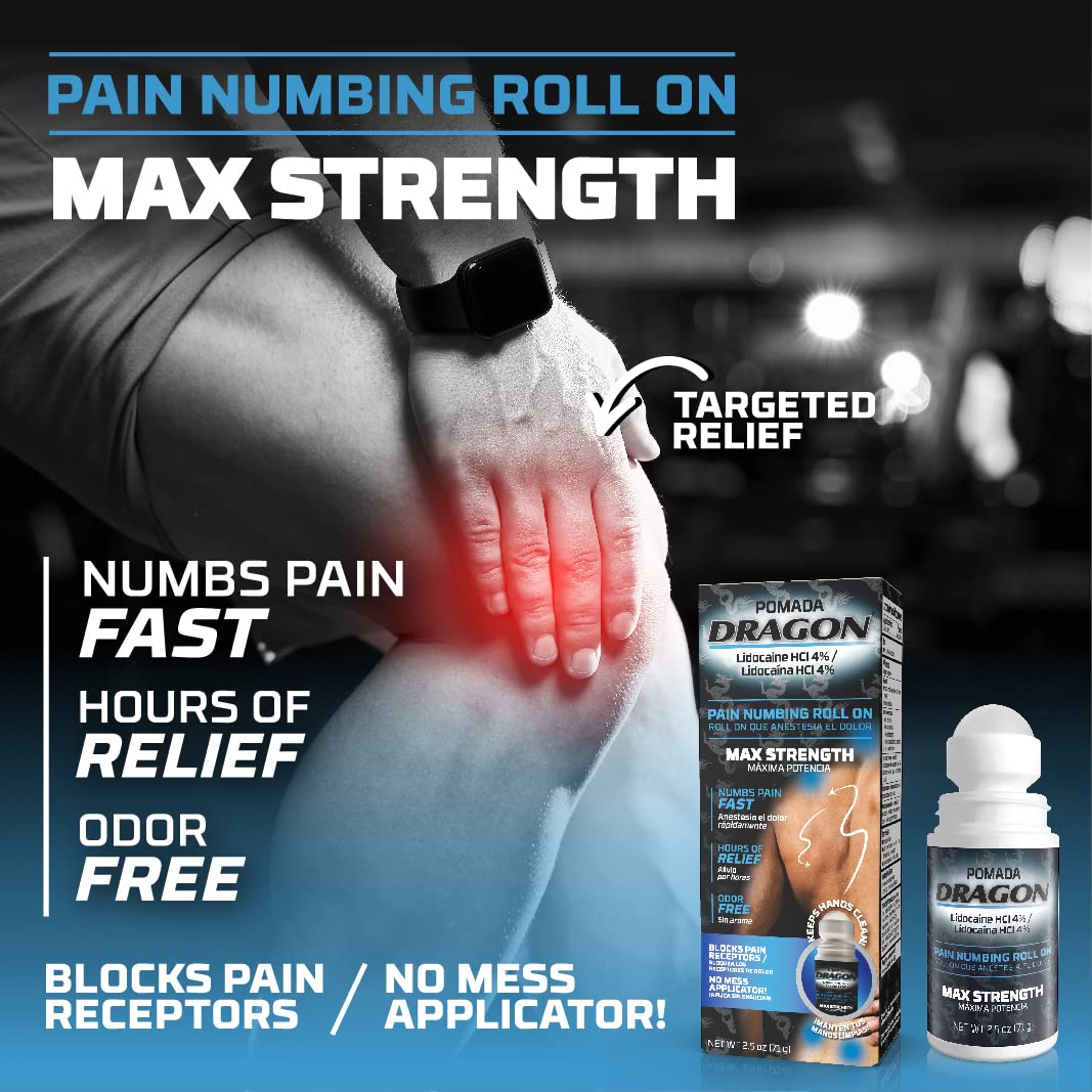 Dragon - POMADA, Maximum Strength- Pain Numbing & Long Lasting Pain Relief No Mess Applicator with Lidocaine Roll On, 2.5 oz, Pack of 3 - dailyvitalstore