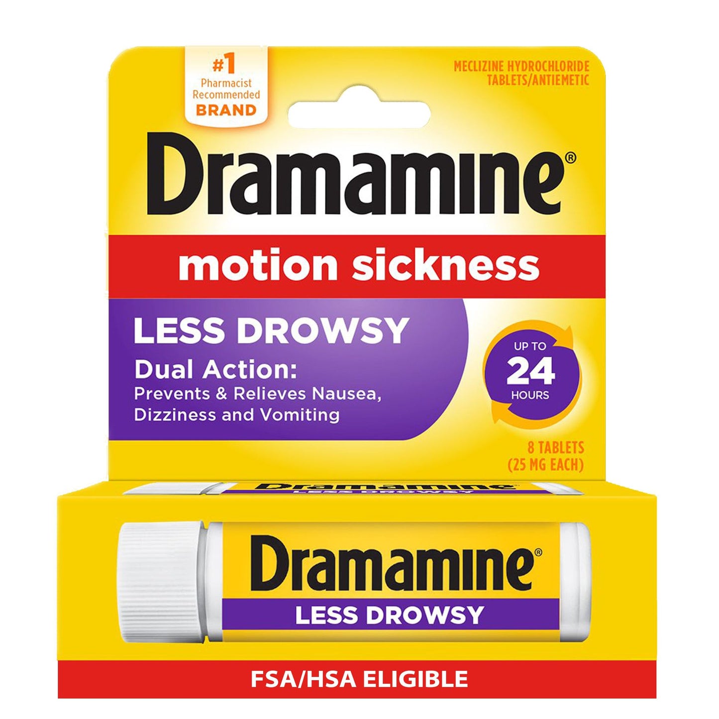 Dramamine Motion Sickness Less Drowsy, Travel Vial, Multicolor, 8 Count - dailyvitalstore
