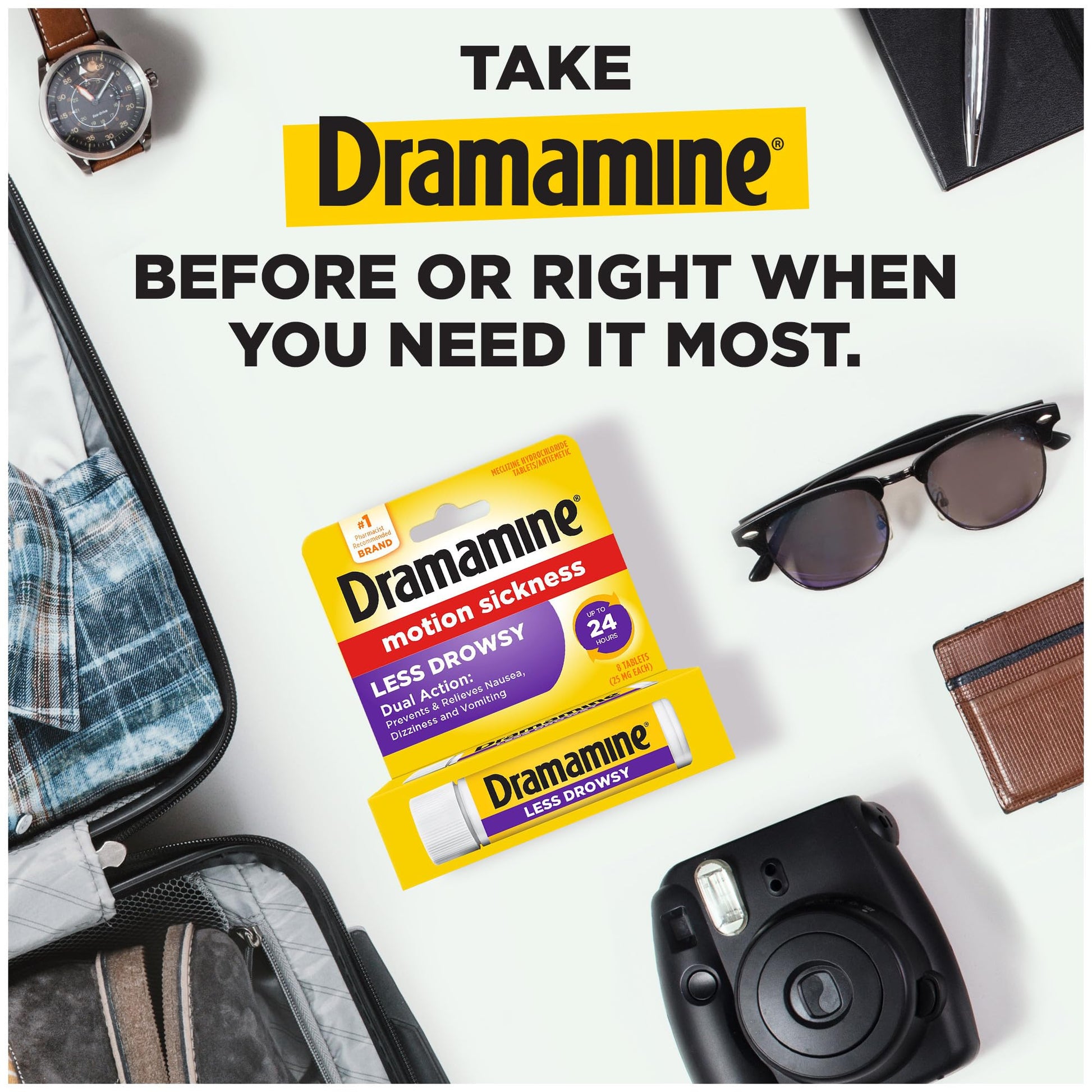 Dramamine Motion Sickness Less Drowsy, Travel Vial, Multicolor, 8 Count - dailyvitalstore
