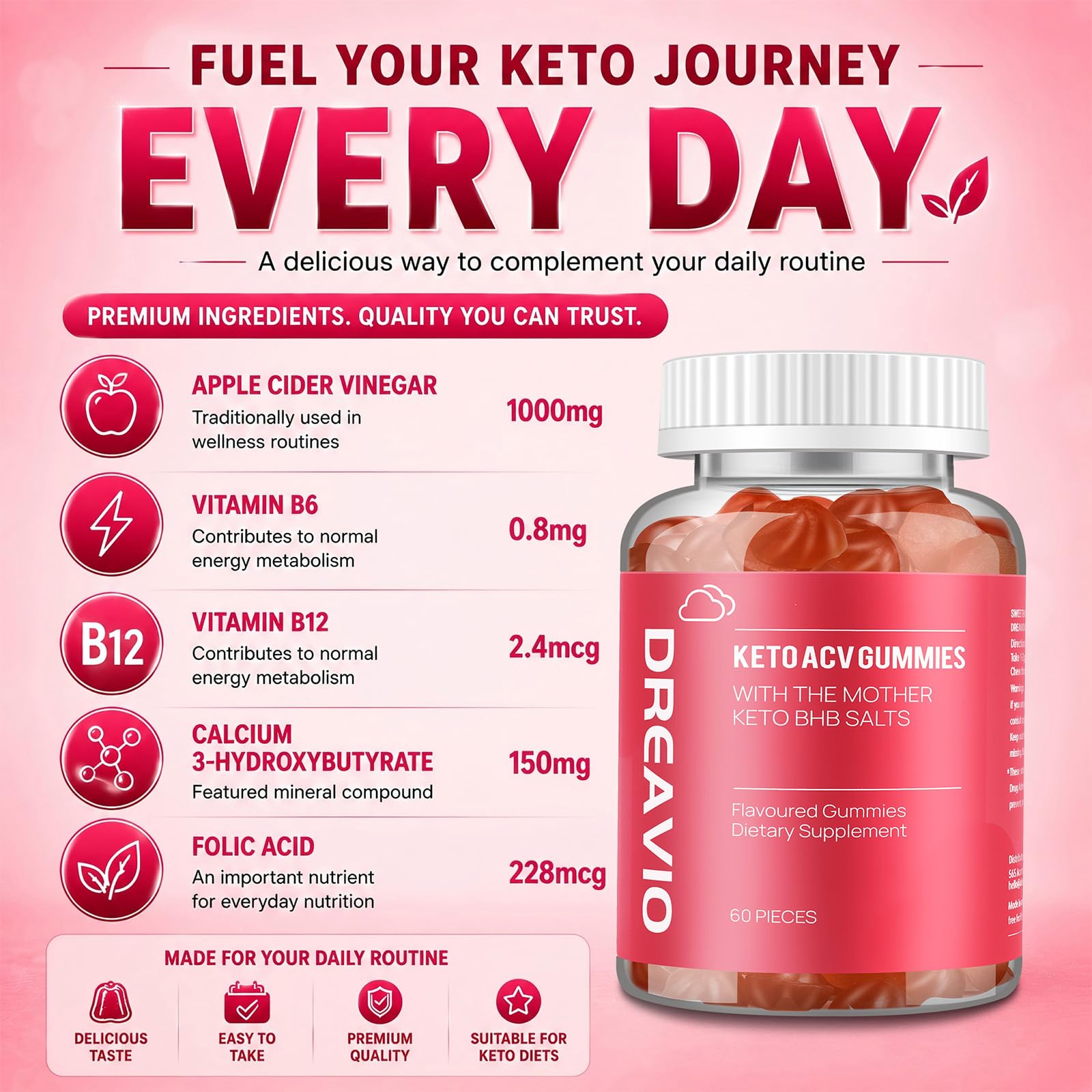 DREAVIO 1000mg Sugar Free Apple Cider Vinegar Gummies | 120 Count Keto ACV Gummies, Vegan Apple Cider Vinegar - dailyvitalstore