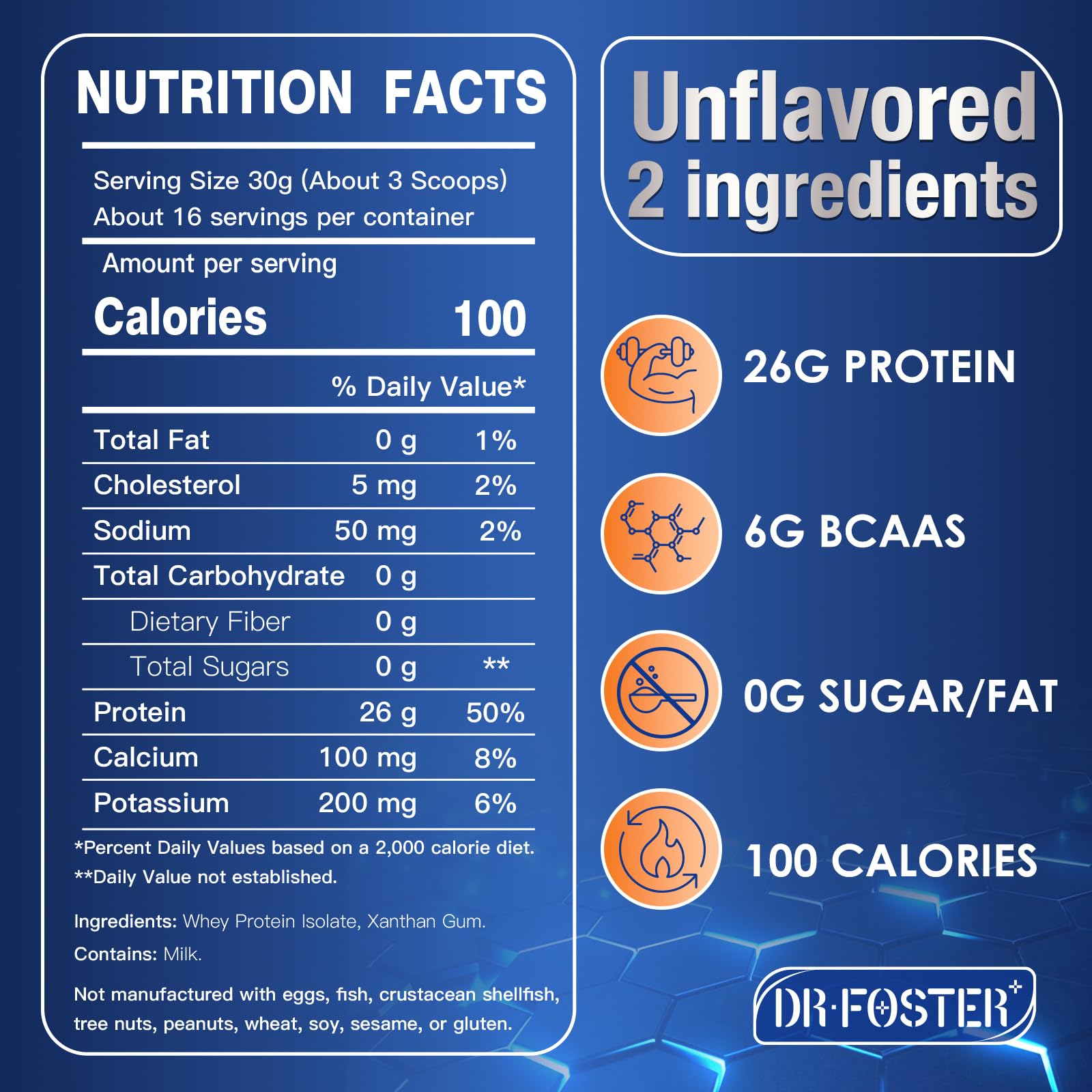 DRFOSTER Whey Protein Powder Isolate - Unflavored, Grass-Fed, 26g Protein & 6g BCAAs for Muscle Growth & Recovery - dailyvitalstore
