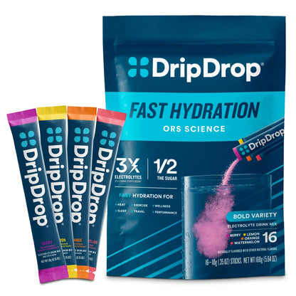 DripDrop Hydration Packets - Bold Variety Pack - Single Serve Electrolytes Powder Drink Mix - Watermelon, Berry, Lemon, Orange - dailyvitalstore
