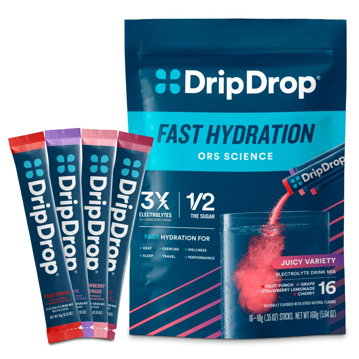 DripDrop Hydration Packets - Juicy Variety Pack - Single Serve Electrolytes Powder Drink Mix - Grape, Fruit Punch, Strawberry Lemonade, Cherry - dailyvitalstore