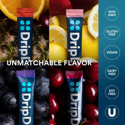 DripDrop Hydration Packets - Juicy Variety Pack - Single Serve Electrolytes Powder Drink Mix - Grape, Fruit Punch, Strawberry Lemonade, Cherry - dailyvitalstore