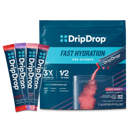 DripDrop Hydration Packets - Juicy Variety Pack - Single Serve Electrolytes Powder Drink Mix - Grape, Fruit Punch, Strawberry Lemonade, Cherry - Non-GMO, - dailyvitalstore