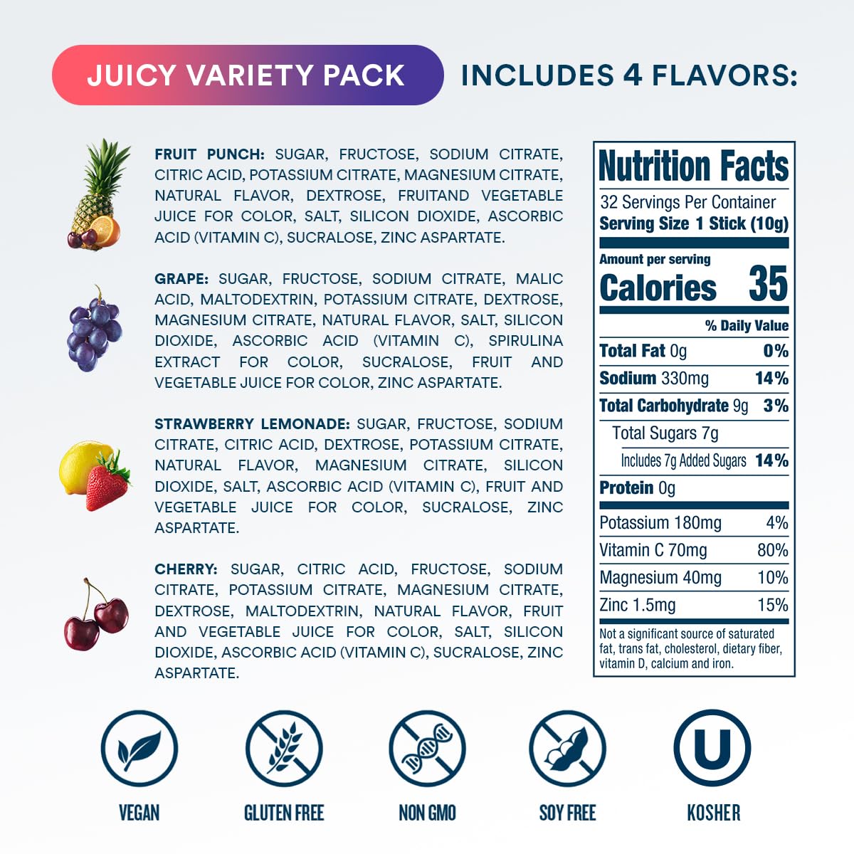 DripDrop Hydration Packets - Juicy Variety Pack - Single Serve Electrolytes Powder Drink Mix - Grape, Fruit Punch, Strawberry Lemonade, Cherry - Non-GMO, - dailyvitalstore