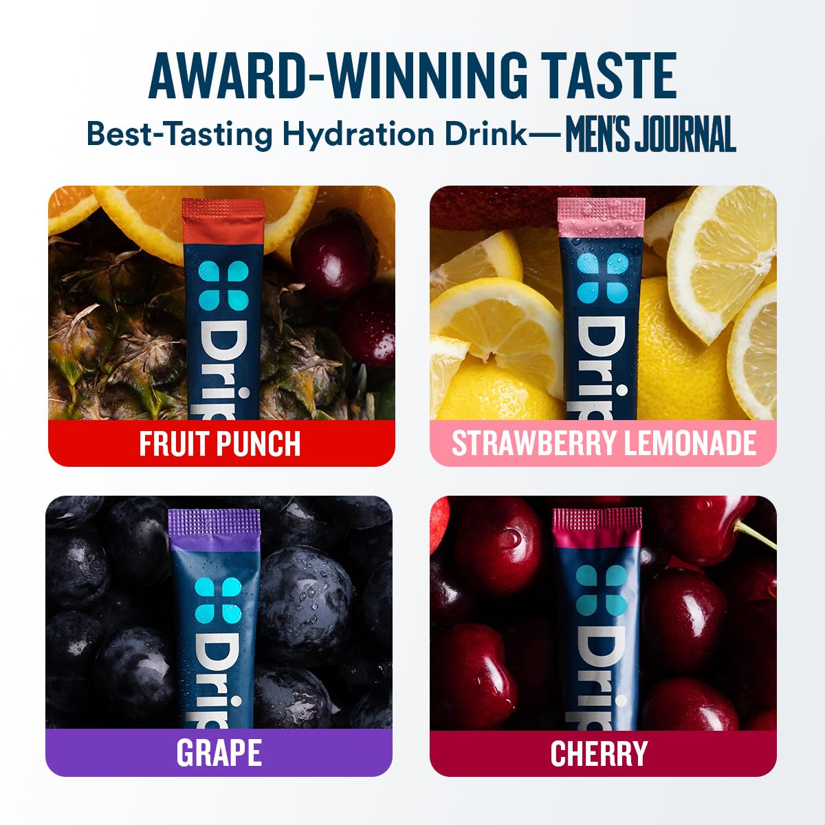 DripDrop Hydration Packets - Juicy Variety Pack - Single Serve Electrolytes Powder Drink Mix - Grape, Fruit Punch, Strawberry Lemonade, Cherry - Non-GMO, - dailyvitalstore