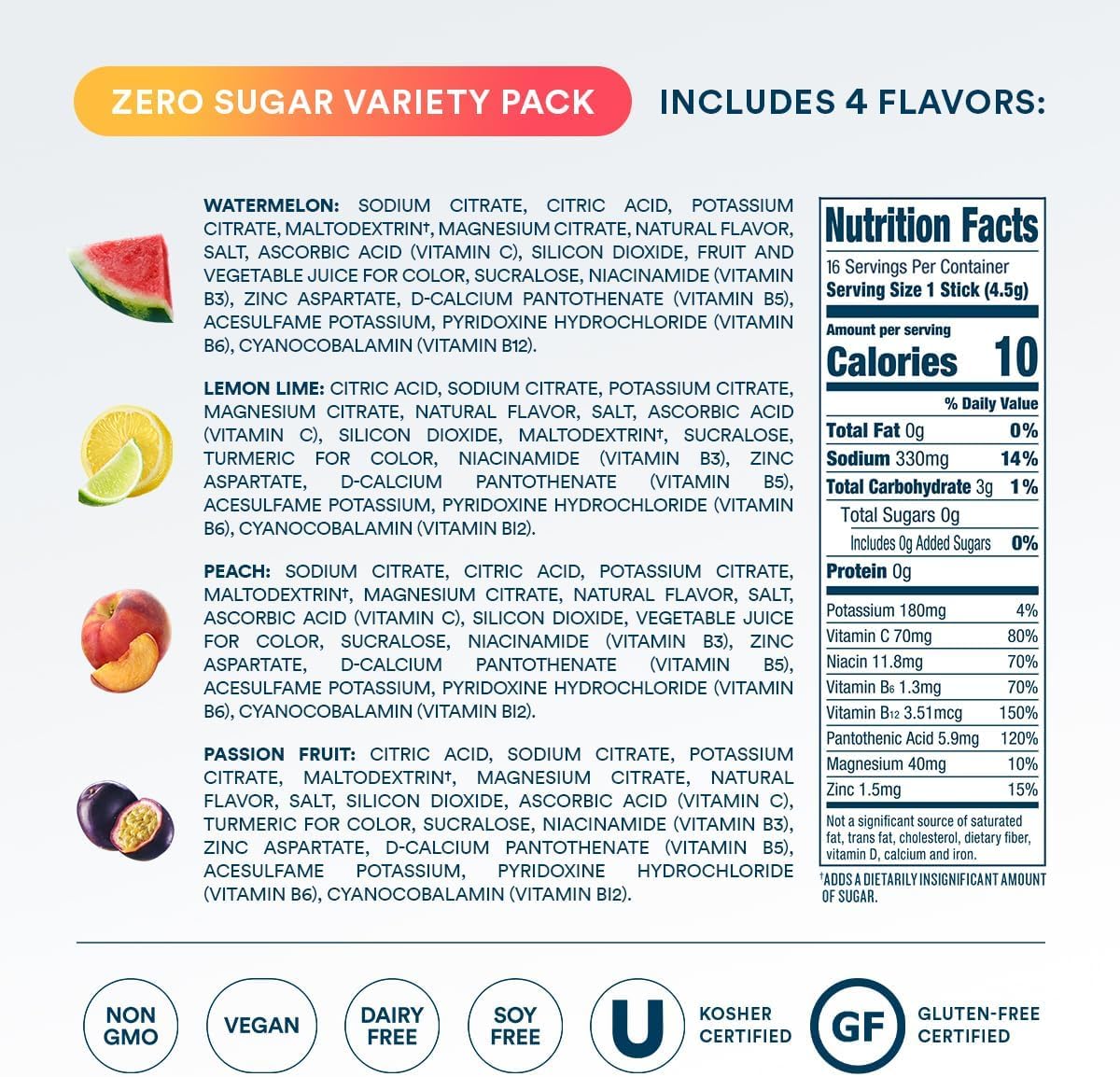 DripDrop Sugar Free Hydration Packets - Zero Classic Variety Pack - Single Serve Electrolytes Powder Drink Mix - Lemon Lime, Watermelon, Peach, Passion Fruit - dailyvitalstore
