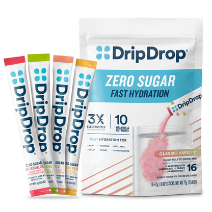 DripDrop Sugar Free Hydration Packets - Zero Classic Variety Pack - Single Serve Electrolytes Powder Drink Mix - Lemon Lime, Watermelon, Peach, Passion Fruit - dailyvitalstore