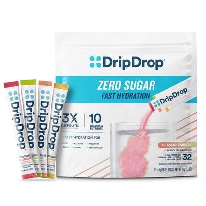 DripDrop Sugar Free Hydration Packets - Zero Classic Variety Pack - Single Serve Electrolytes Powder Drink Mix - Lemon Lime, Watermelon, Peach, Passion Fruit - dailyvitalstore