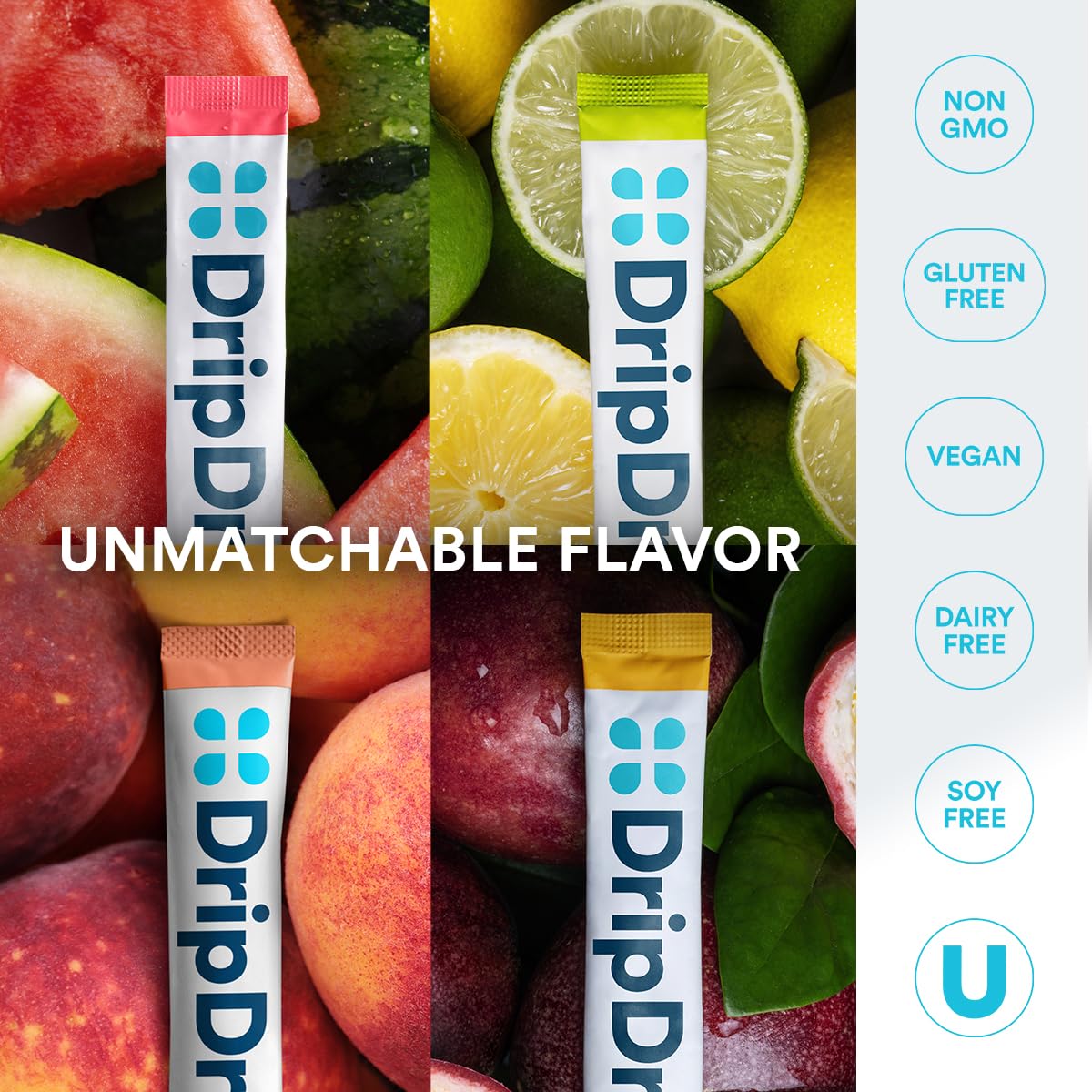DripDrop Sugar Free Hydration Packets - Zero Classic Variety Pack - Single Serve Electrolytes Powder Drink Mix - Lemon Lime, Watermelon, Peach, Passion Fruit - dailyvitalstore