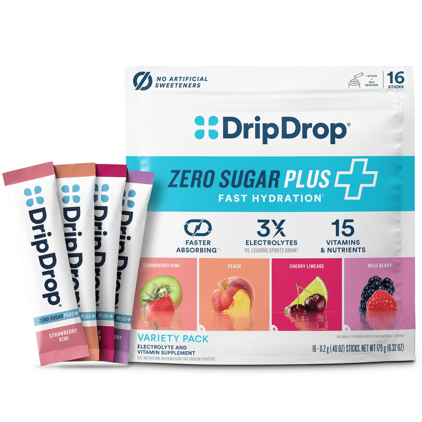 DripDrop Zero Sugar Plus - Sugar Free Hydration Packets - Single Serve Electrolytes Powder Drink Mix - Strawberry Kiwi, Peach, Cherry Limeade, Wild Berry - dailyvitalstore