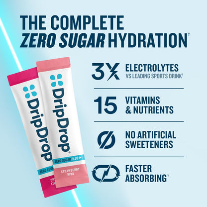DripDrop Zero Sugar Plus - Sugar Free Hydration Packets - Single Serve Electrolytes Powder Drink Mix - Strawberry Kiwi, Peach, Cherry Limeade, Wild Berry - dailyvitalstore