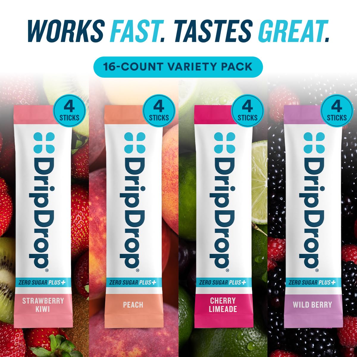DripDrop Zero Sugar Plus - Sugar Free Hydration Packets - Single Serve Electrolytes Powder Drink Mix - Strawberry Kiwi, Peach, Cherry Limeade, Wild Berry - dailyvitalstore
