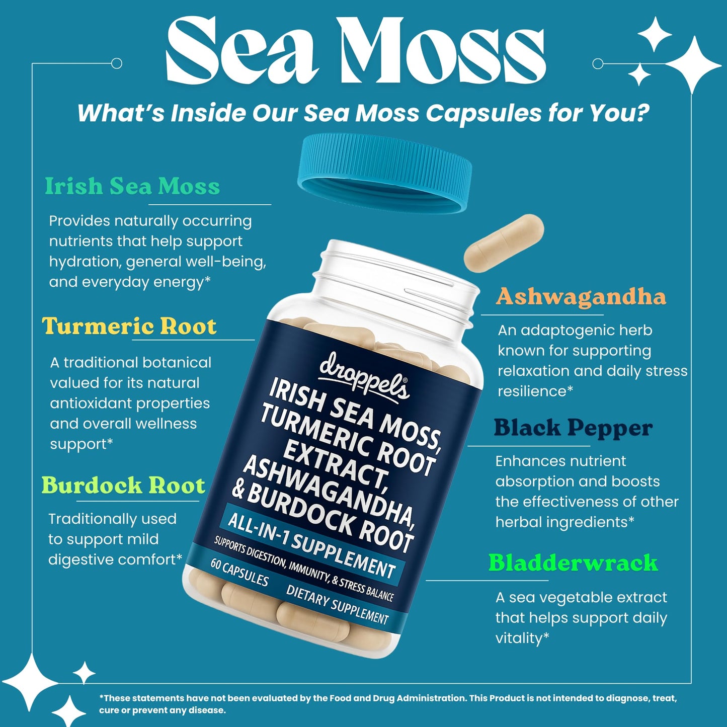 Droppels Irish Sea Moss Capsules with Turmeric Root, Ashwagandha, Black Pepper & Burdock Root – Natural Mineral Blend for Immune, Digestion, Joint & Energy Support – Vegan, Non-GMO – 60 Capsules - dailyvitalstore