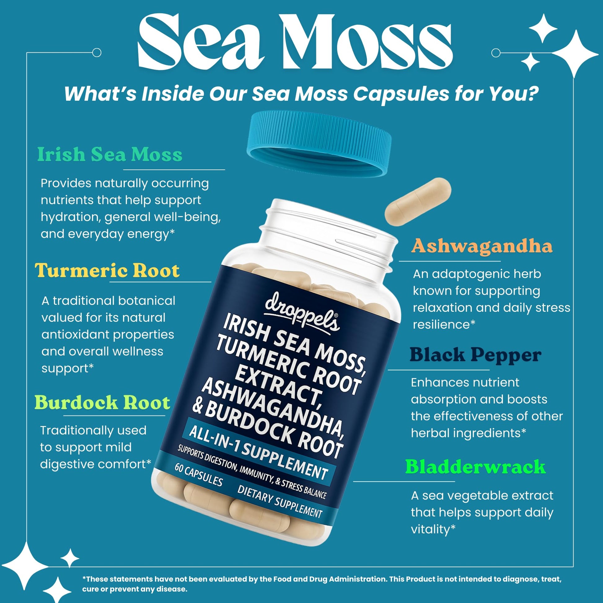 Droppels Irish Sea Moss Capsules with Turmeric Root, Ashwagandha, Black Pepper & Burdock Root – Natural Mineral Blend for Immune, Digestion, Joint & Energy Support – Vegan, Non-GMO – 60 Capsules - dailyvitalstore