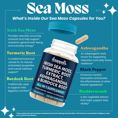 Droppels Irish Sea Moss Capsules with Turmeric Root, Ashwagandha, Black Pepper & Burdock Root – Natural Mineral Blend for Immune, Digestion, Joint & Energy Support – Vegan, Non-GMO – 60 Capsules - dailyvitalstore
