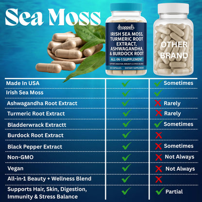 Droppels Irish Sea Moss Capsules with Turmeric Root, Ashwagandha, Black Pepper & Burdock Root – Natural Mineral Blend for Immune, Digestion, Joint & Energy Support – Vegan, Non-GMO – 60 Capsules - dailyvitalstore
