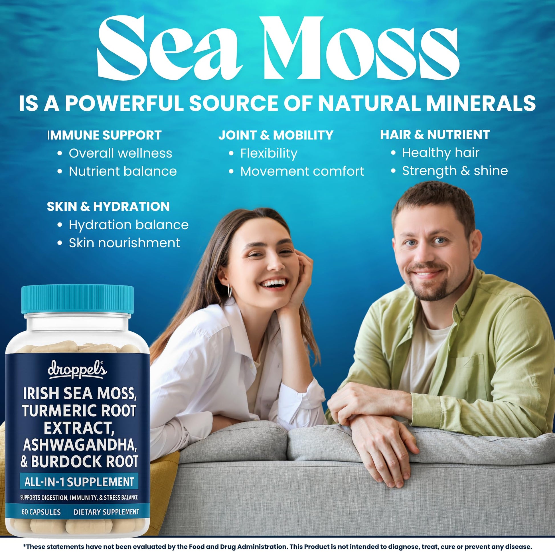Droppels Irish Sea Moss Capsules with Turmeric Root, Ashwagandha, Black Pepper & Burdock Root – Natural Mineral Blend for Immune, Digestion, Joint & Energy Support – Vegan, Non-GMO – 60 Capsules - dailyvitalstore