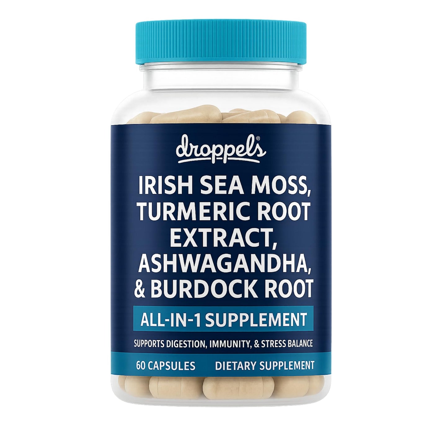 Droppels Irish Sea Moss Capsules with Turmeric Root, Ashwagandha, Black Pepper & Burdock Root – Natural Mineral Blend for Immune, Digestion, Joint & Energy Support – Vegan, Non-GMO – 60 Capsules - dailyvitalstore