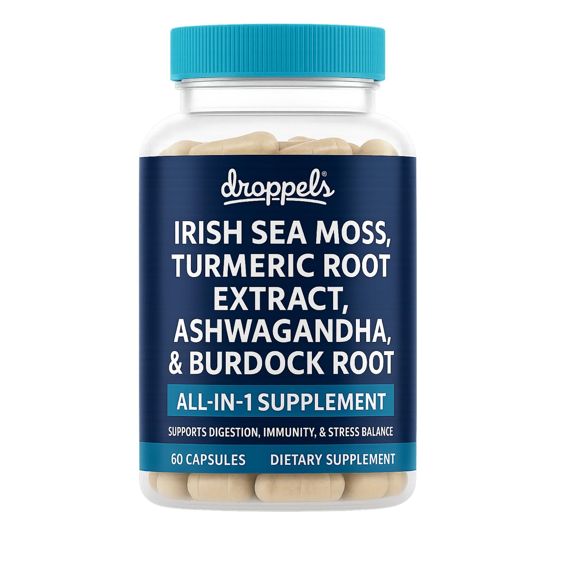 Droppels Irish Sea Moss Capsules with Turmeric Root, Ashwagandha, Black Pepper & Burdock Root – Natural Mineral Blend for Immune, Digestion, Joint & Energy Support – Vegan, Non-GMO – 60 Capsules - dailyvitalstore
