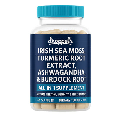 Droppels Irish Sea Moss Capsules with Turmeric Root, Ashwagandha, Black Pepper & Burdock Root – Natural Mineral Blend for Immune, Digestion, Joint & Energy Support – Vegan, Non-GMO – 60 Capsules - dailyvitalstore