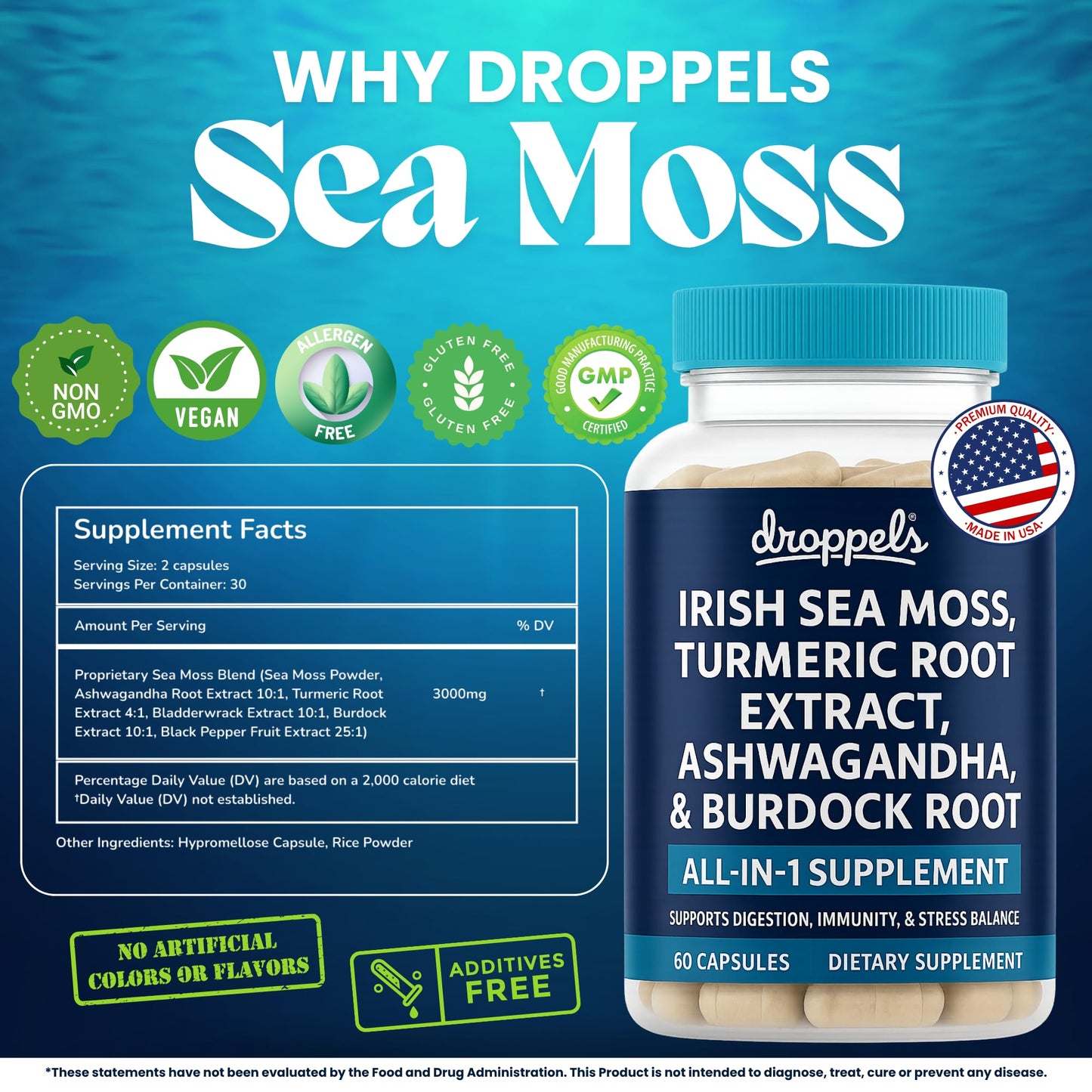 Droppels Irish Sea Moss Capsules with Turmeric Root, Ashwagandha, Black Pepper & Burdock Root – Natural Mineral Blend for Immune, Digestion, Joint & Energy Support – Vegan, Non-GMO – 60 Capsules - dailyvitalstore