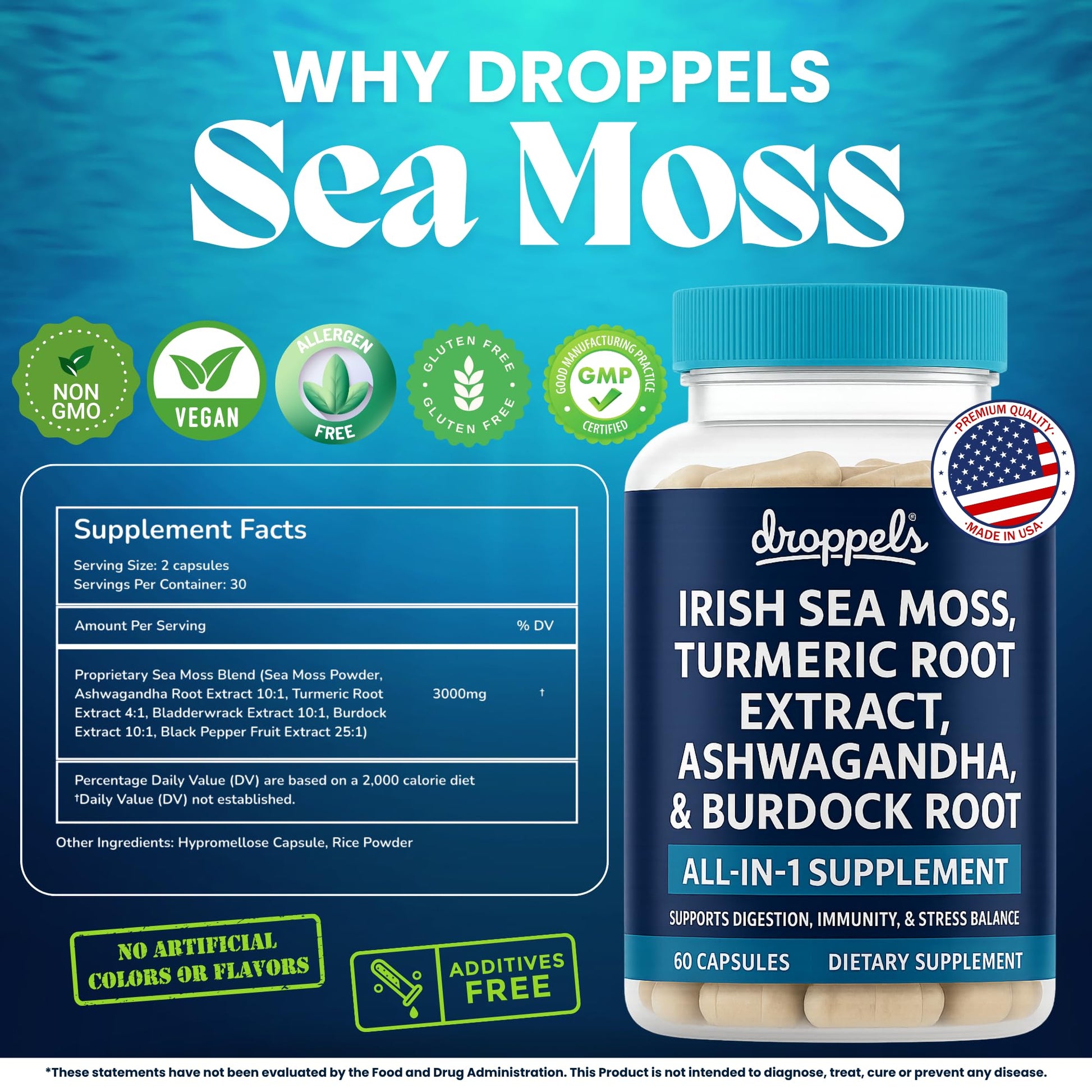 Droppels Irish Sea Moss Capsules with Turmeric Root, Ashwagandha, Black Pepper & Burdock Root – Natural Mineral Blend for Immune, Digestion, Joint & Energy Support – Vegan, Non-GMO – 60 Capsules - dailyvitalstore