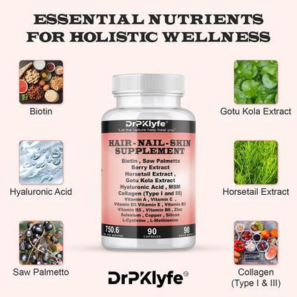 DrPKLyfe Hair, Nail and Skin Supplement Capsules:Biotin, Collagen, Collagen Peptides, Acid Hyaluronic, Biotin, Vitamin A, C, B5, B6 Saw Palmetto & More - 90 Capsules. - dailyvitalstore