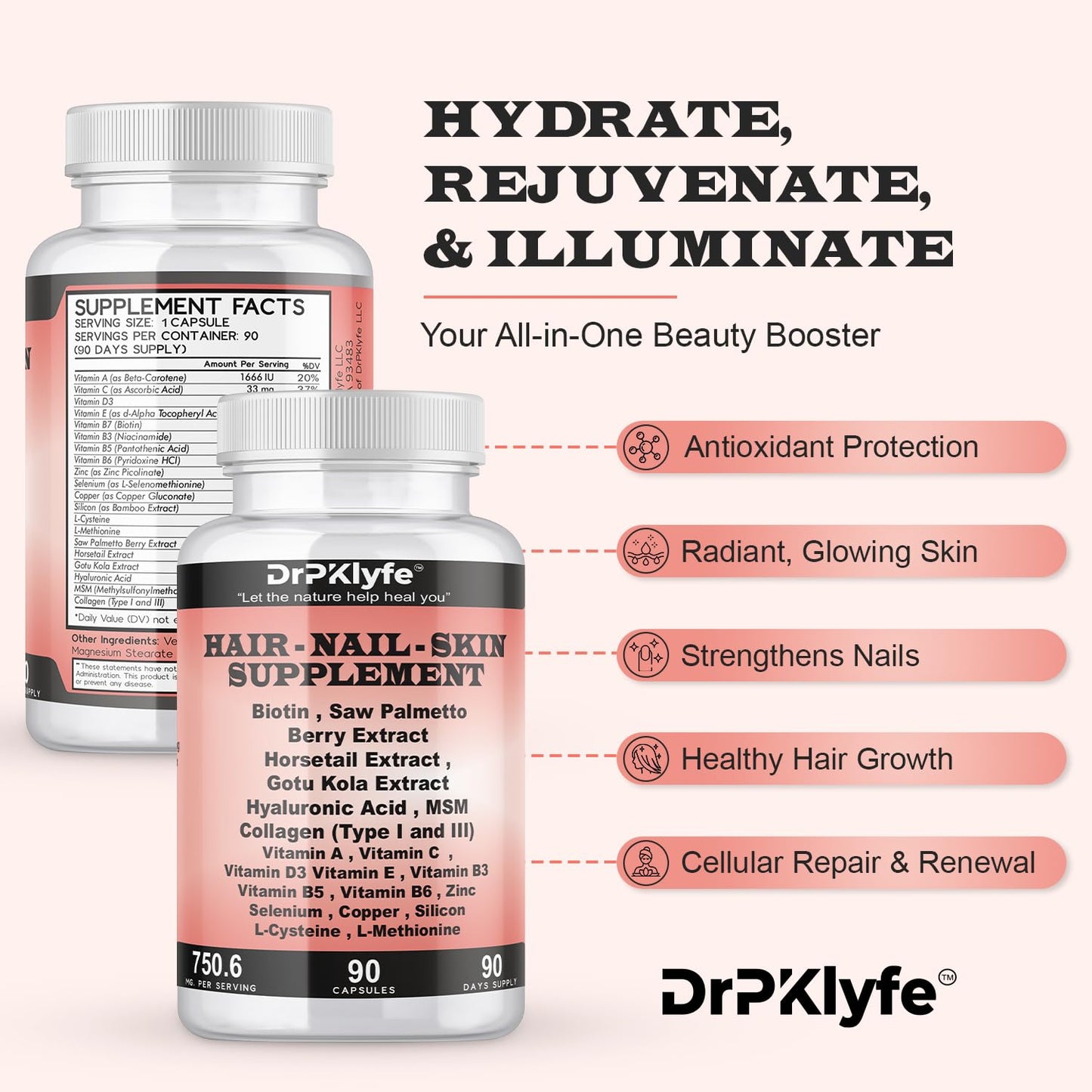 DrPKLyfe Hair, Nail and Skin Supplement Capsules:Biotin, Collagen, Collagen Peptides, Acid Hyaluronic, Biotin, Vitamin A, C, B5, B6 Saw Palmetto & More - 90 Capsules. - dailyvitalstore
