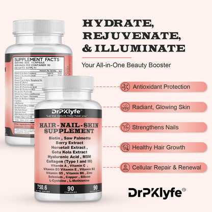 DrPKLyfe Hair, Nail and Skin Supplement Capsules:Biotin, Collagen, Collagen Peptides, Acid Hyaluronic, Biotin, Vitamin A, C, B5, B6 Saw Palmetto & More - 90 Capsules. - dailyvitalstore