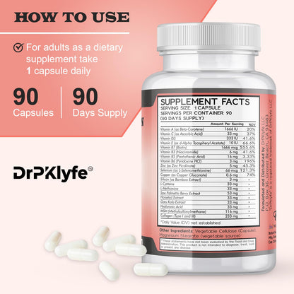 DrPKLyfe Hair, Nail and Skin Supplement Capsules:Biotin, Collagen, Collagen Peptides, Acid Hyaluronic, Biotin, Vitamin A, C, B5, B6 Saw Palmetto & More - 90 Capsules. - dailyvitalstore