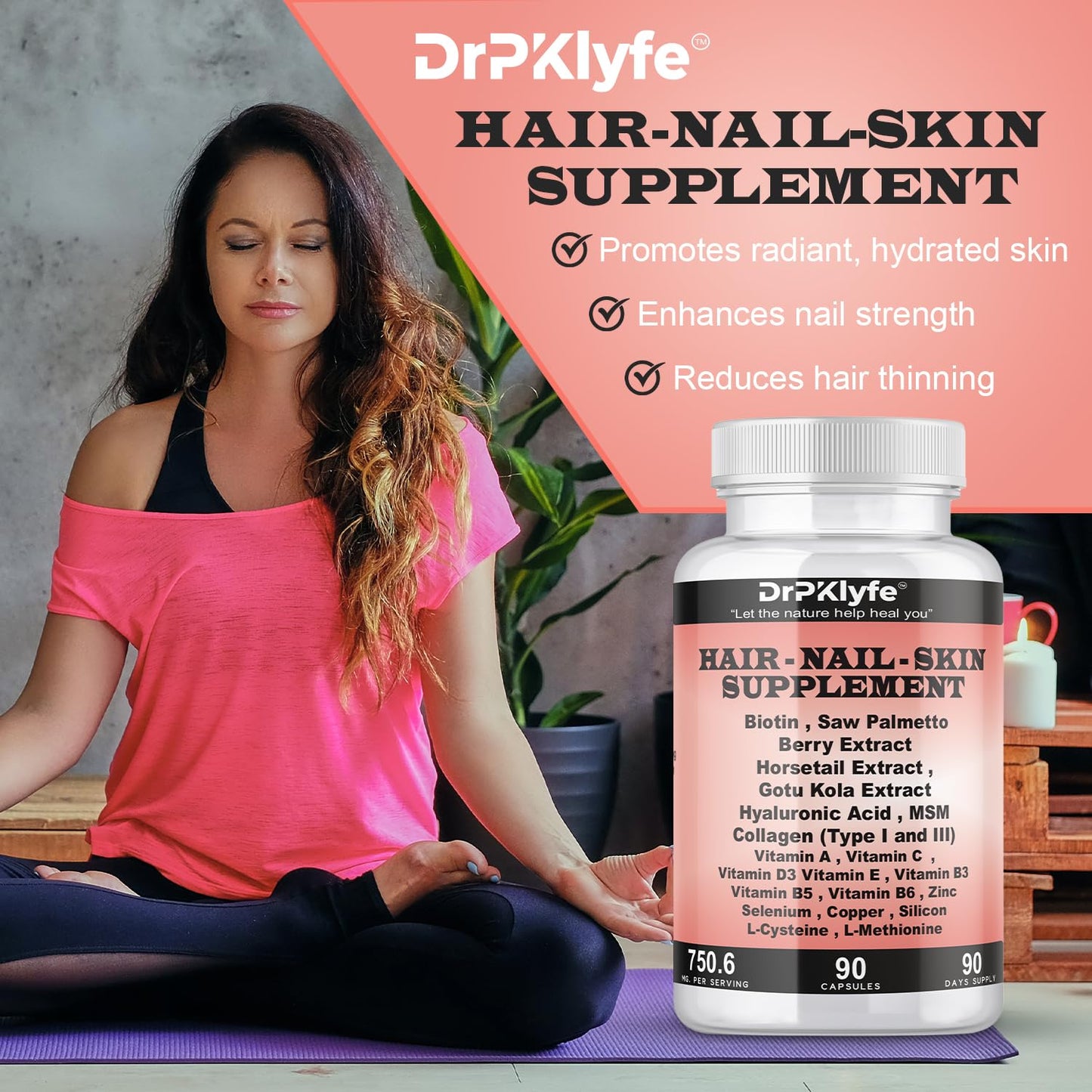 DrPKLyfe Hair, Nail and Skin Supplement Capsules:Biotin, Collagen, Collagen Peptides, Acid Hyaluronic, Biotin, Vitamin A, C, B5, B6 Saw Palmetto & More - 90 Capsules. - dailyvitalstore