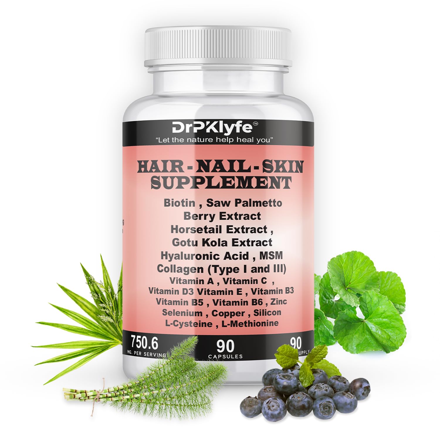 DrPKLyfe Hair, Nail and Skin Supplement Capsules:Biotin, Collagen, Collagen Peptides, Acid Hyaluronic, Biotin, Vitamin A, C, B5, B6 Saw Palmetto & More - 90 Capsules. - dailyvitalstore