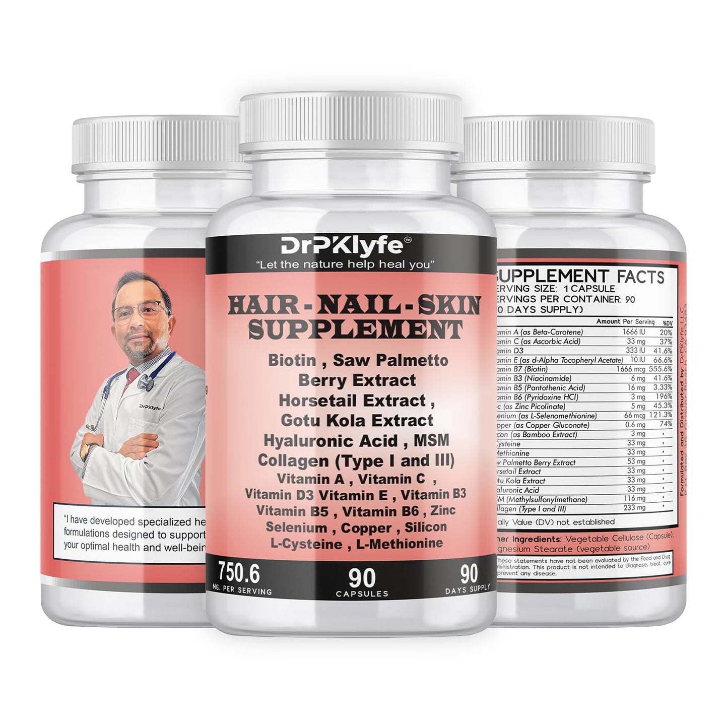 DrPKLyfe Hair, Nail and Skin Supplement Capsules:Biotin, Collagen, Collagen Peptides, Acid Hyaluronic, Biotin, Vitamin A, C, B5, B6 Saw Palmetto & More - 90 Capsules. - dailyvitalstore
