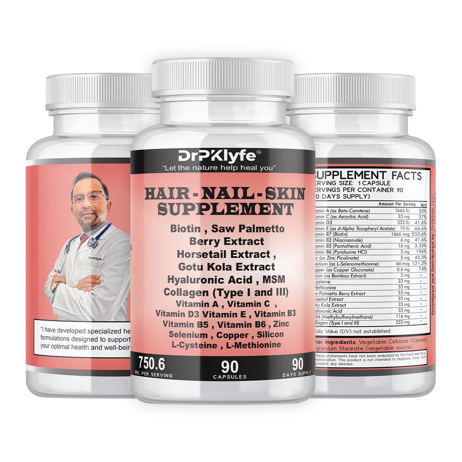 DrPKLyfe Hair, Nail and Skin Supplement Capsules:Biotin, Collagen, Collagen Peptides, Acid Hyaluronic, Biotin, Vitamin A, C, B5, B6 Saw Palmetto & More - 90 Capsules. - dailyvitalstore