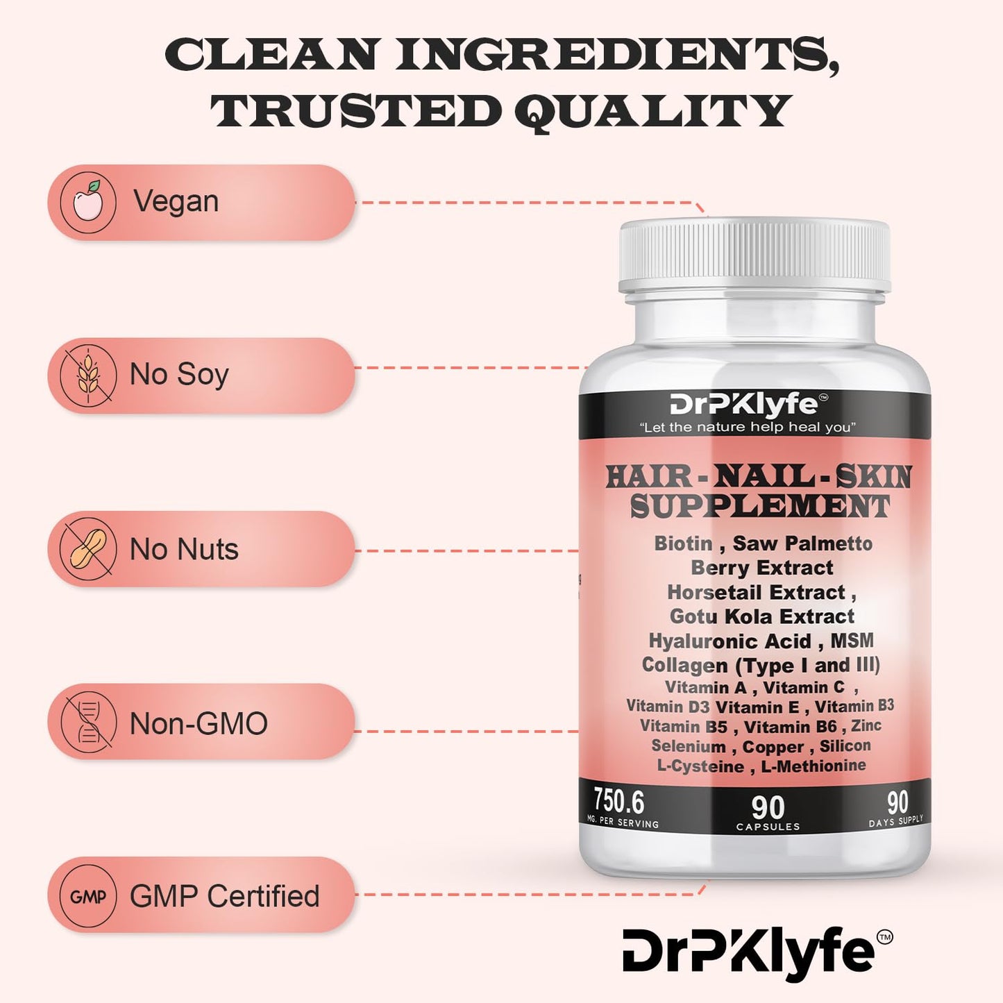 DrPKLyfe Hair, Nail and Skin Supplement Capsules:Biotin, Collagen, Collagen Peptides, Acid Hyaluronic, Biotin, Vitamin A, C, B5, B6 Saw Palmetto & More - 90 Capsules. - dailyvitalstore