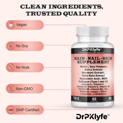 DrPKLyfe Hair, Nail and Skin Supplement Capsules:Biotin, Collagen, Collagen Peptides, Acid Hyaluronic, Biotin, Vitamin A, C, B5, B6 Saw Palmetto & More - 90 Capsules. - dailyvitalstore